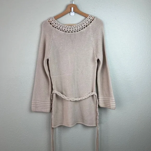 Spiegel Vtg Beige Crochet Neck Belted Tunic Sweater Women's Medium Boho Coastal - Picture 6 of 9